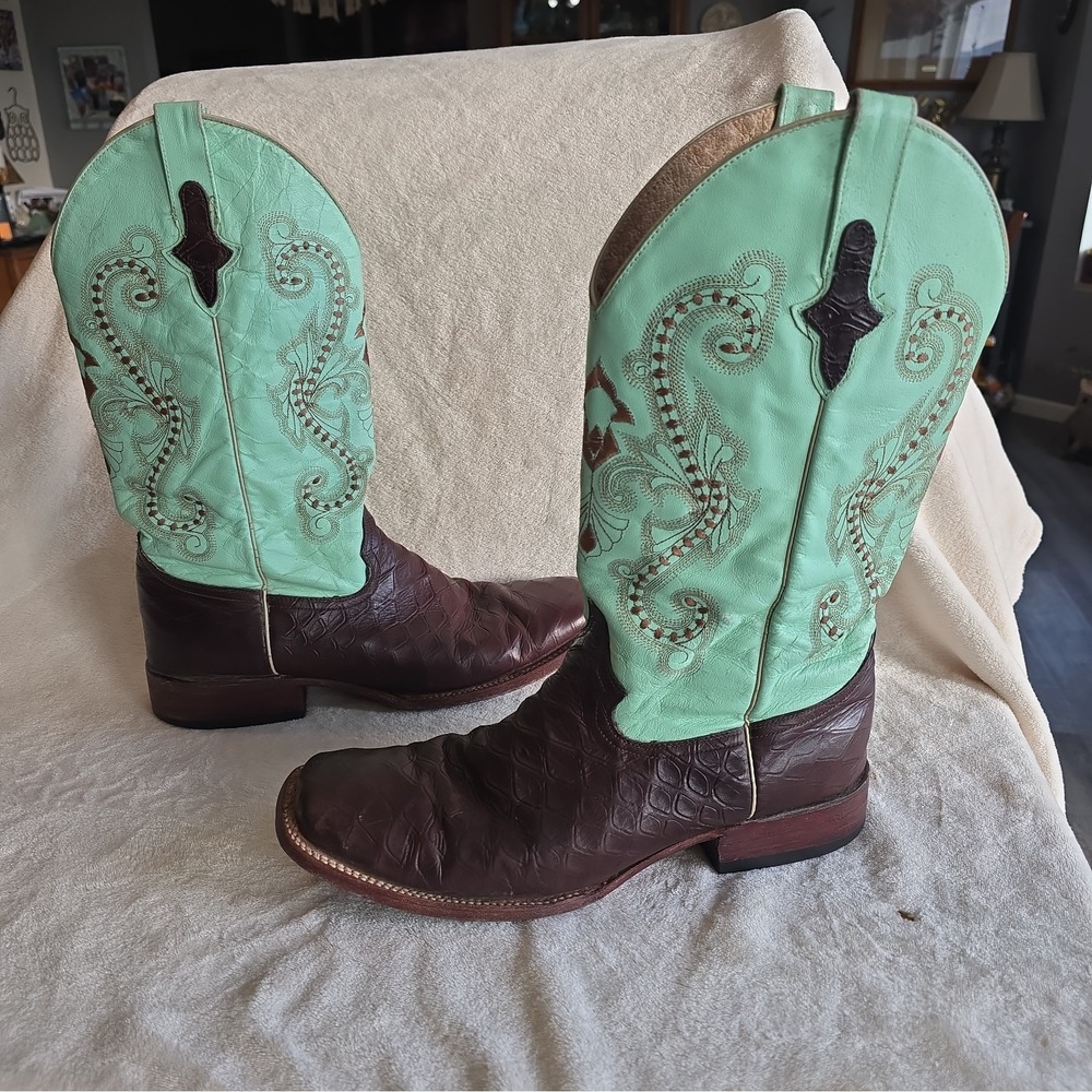 Ferrini Men's Western Cowboy Boots Sz 12D Brown Leather Mint Green Embroidered